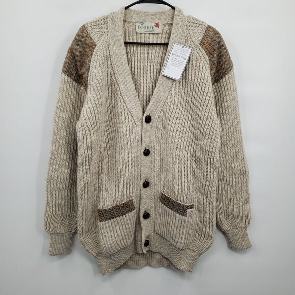 Niffi Ecoose British Wool Knit Cardigan Harris Tweed Patches Men Size Large NWT - Picture 2 of 16